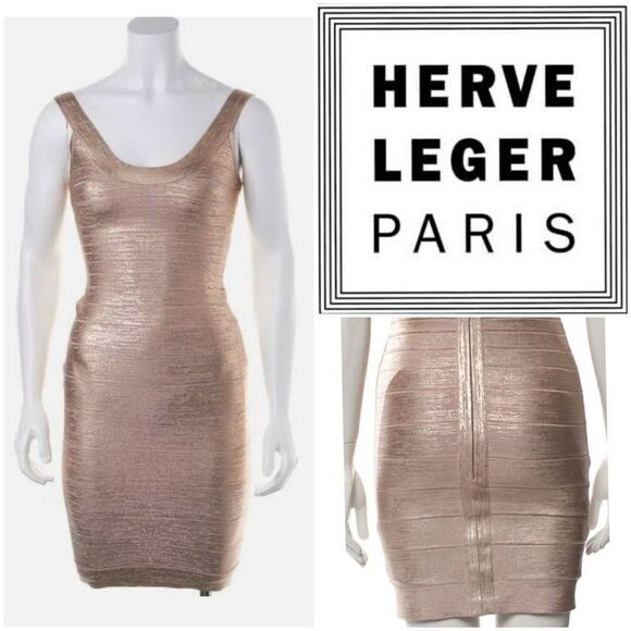 Herve Leger Rose gold foil blush Pink Catherine Bandage Bodycon dress